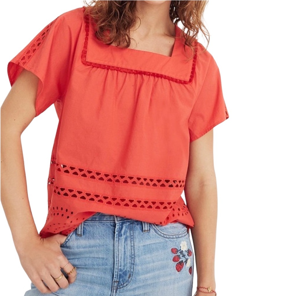 Madewell Coral Eyelet Square-Neck Blouse